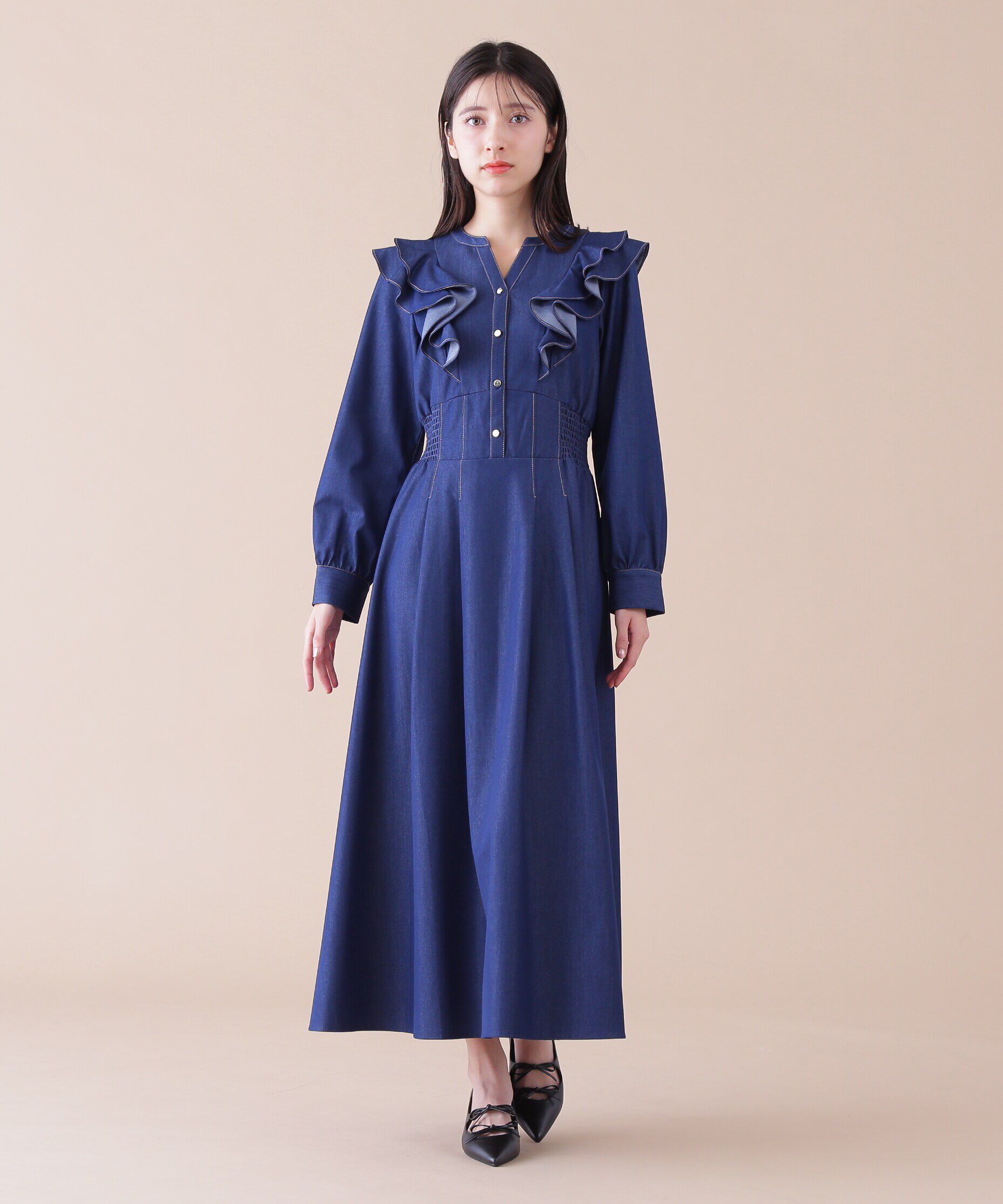  「フリルデニムシャツワンピース」|ワンピース|