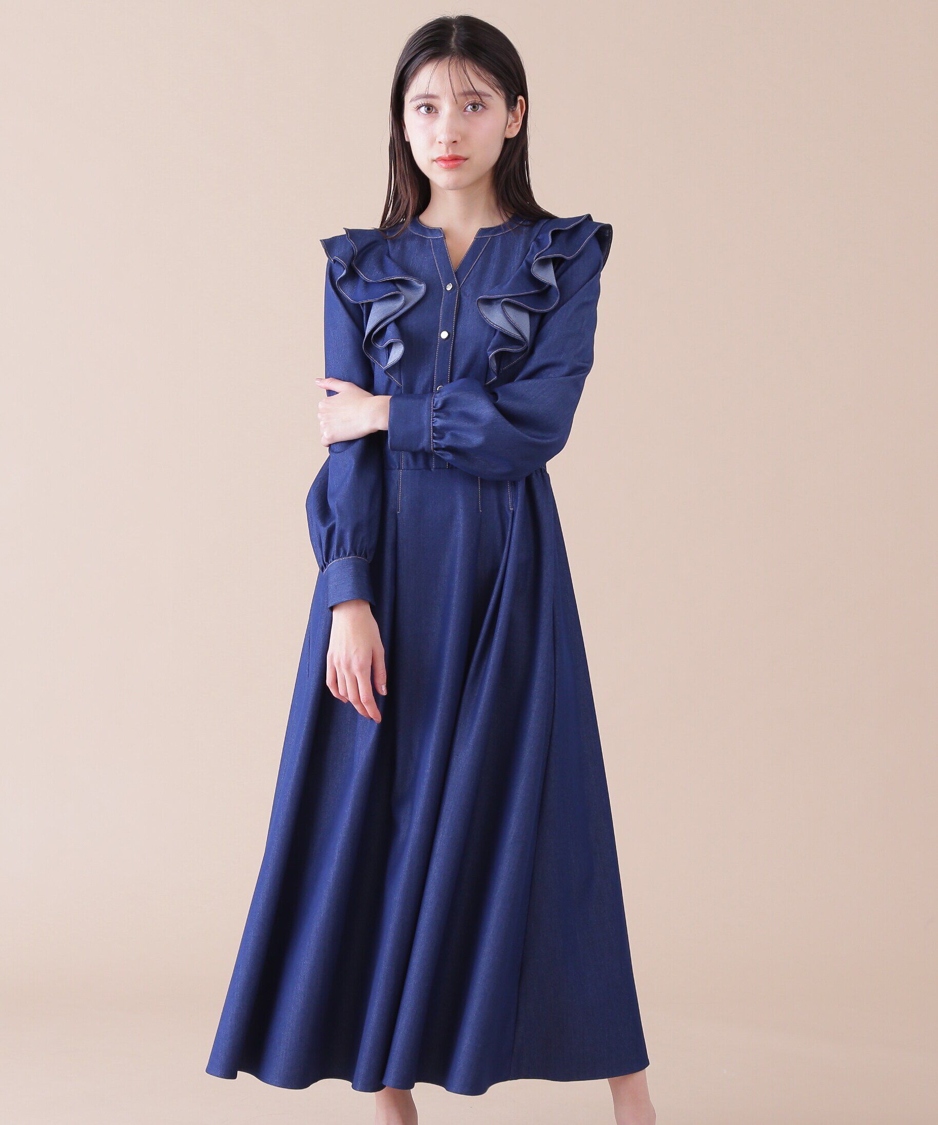  「フリルデニムシャツワンピース」|ワンピース|