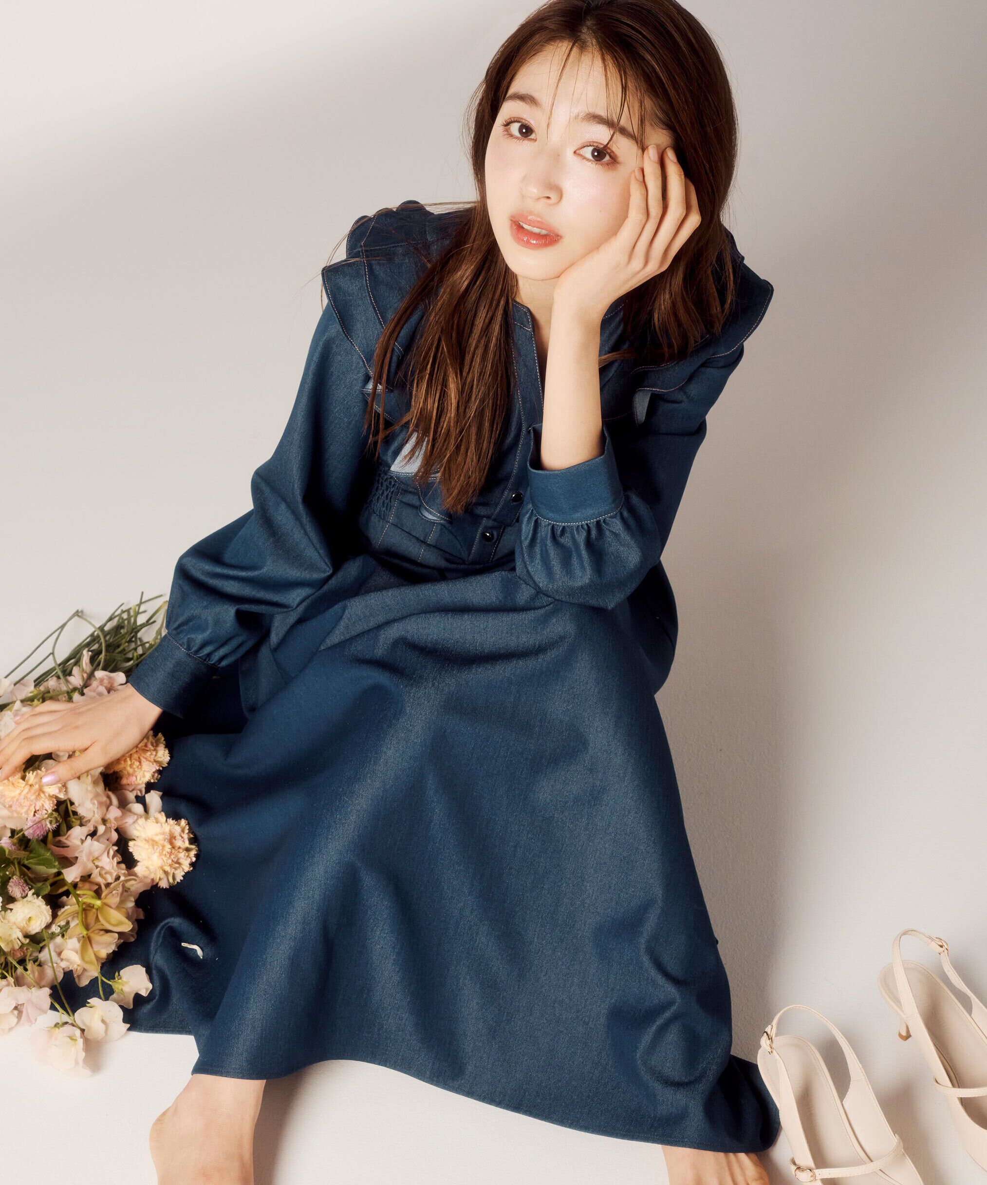  「フリルデニムシャツワンピース」|ワンピース|