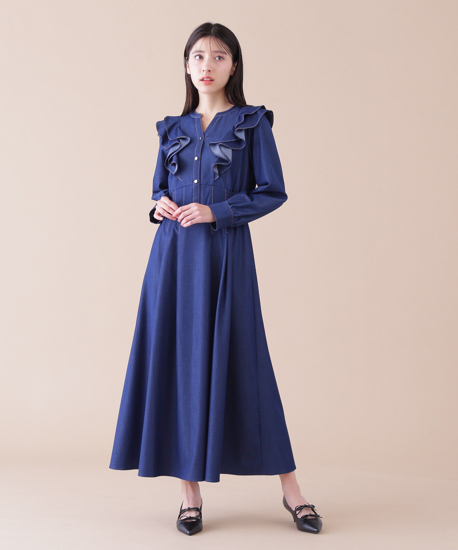  「フリルデニムシャツワンピース」|ワンピース|