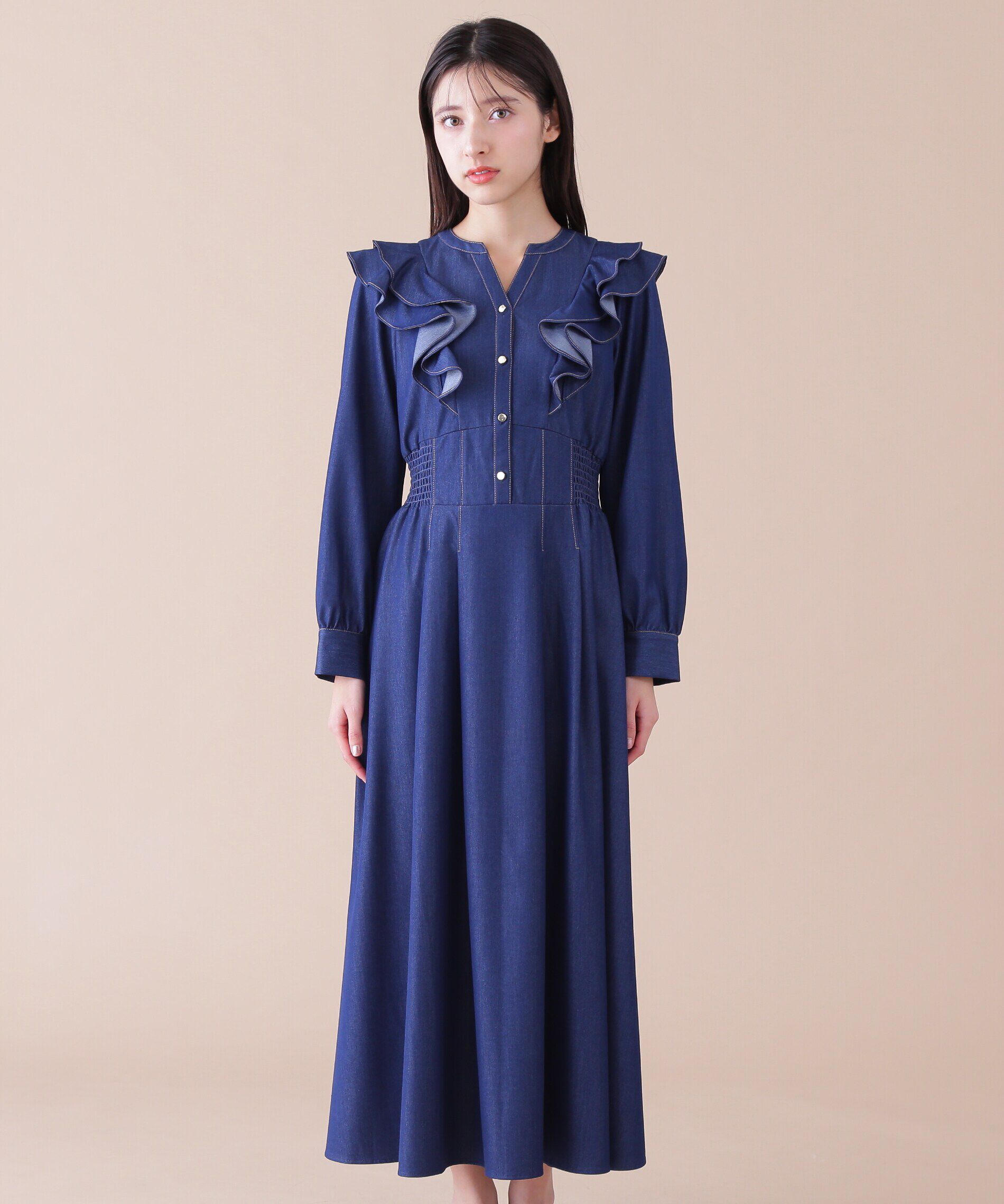  「フリルデニムシャツワンピース」|ワンピース|