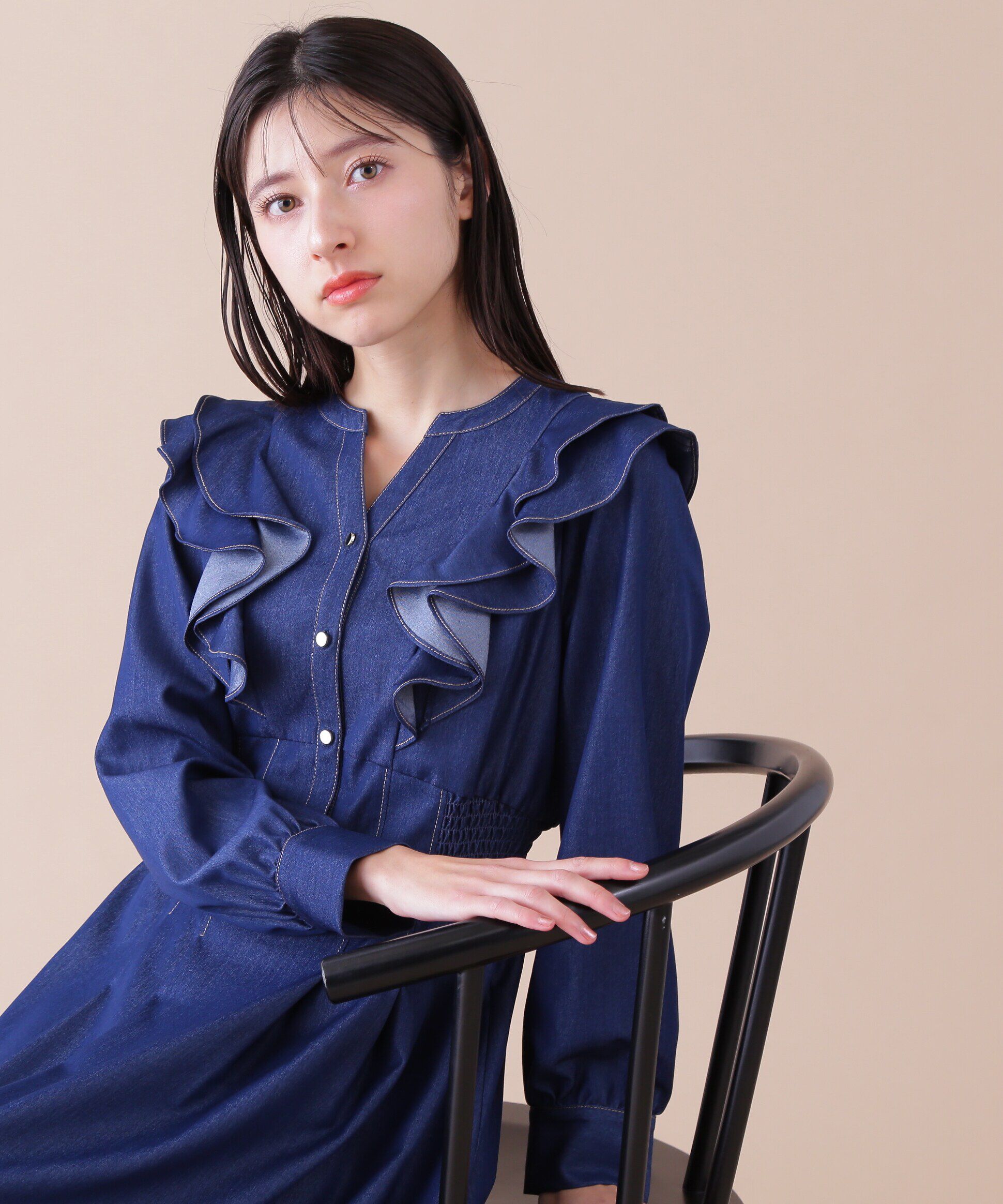  「フリルデニムシャツワンピース」|ワンピース|