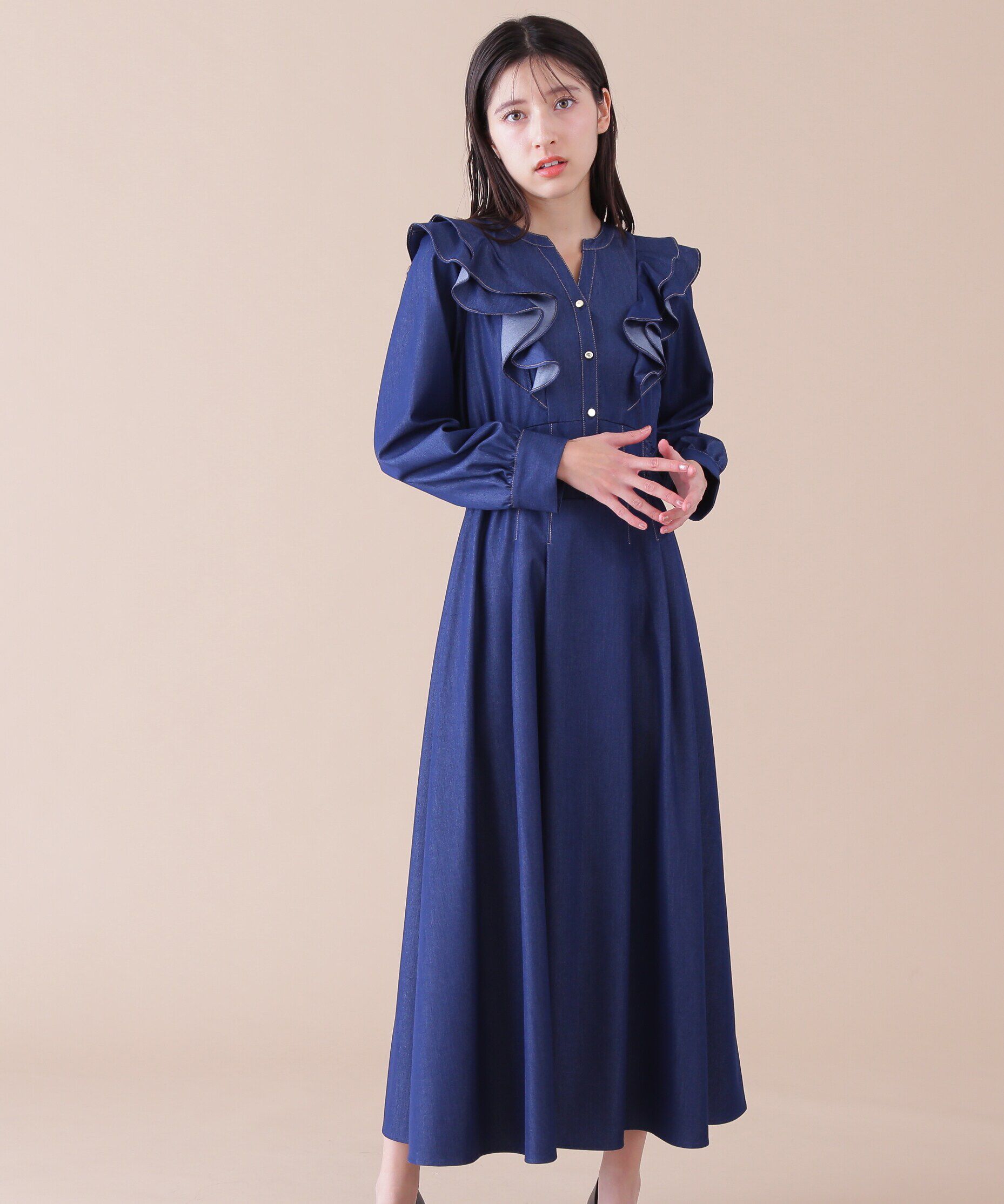  「フリルデニムシャツワンピース」|ワンピース|