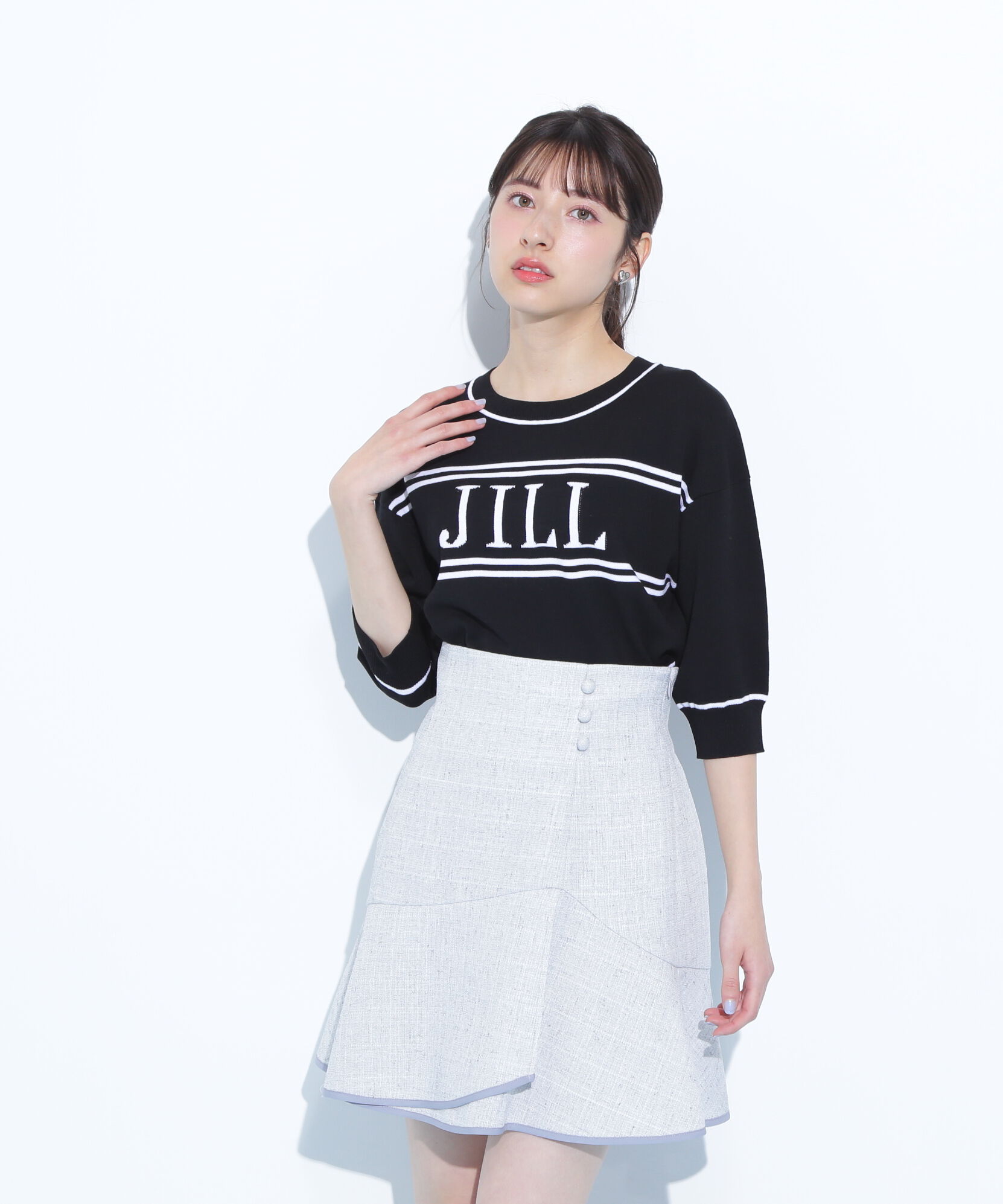  「バイカラービッグロゴニット五分袖」|ニット・セーター|