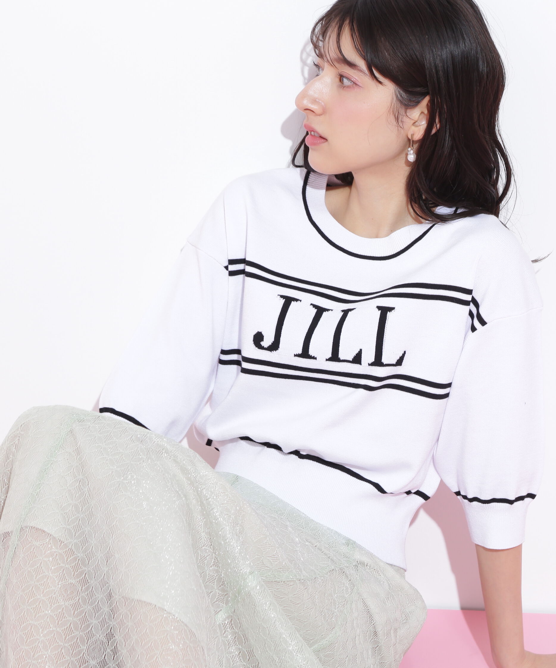  「バイカラービッグロゴニット五分袖」|ニット・セーター|