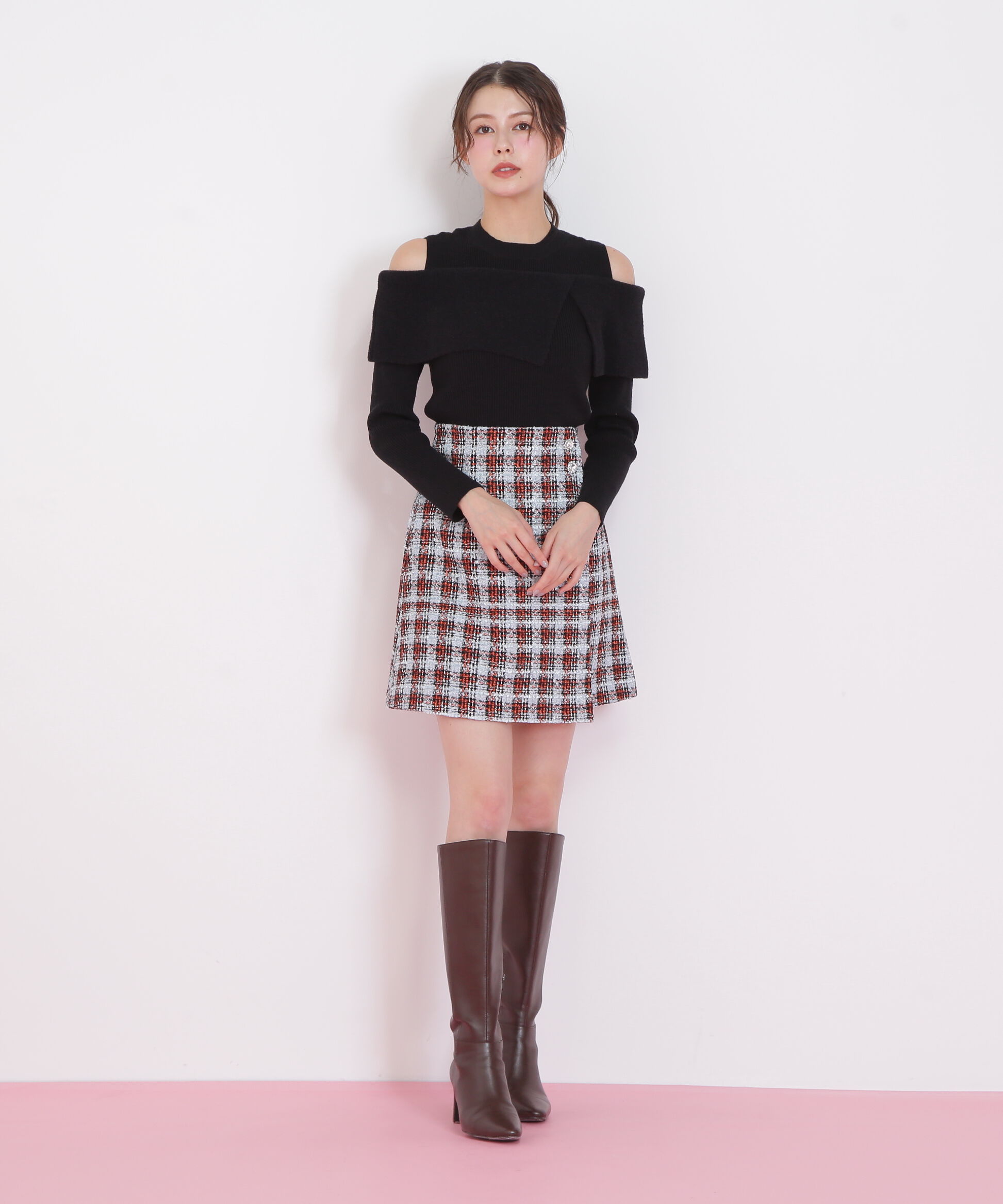  「ツィードチェックビジュー釦ミニスカート」|スカート|