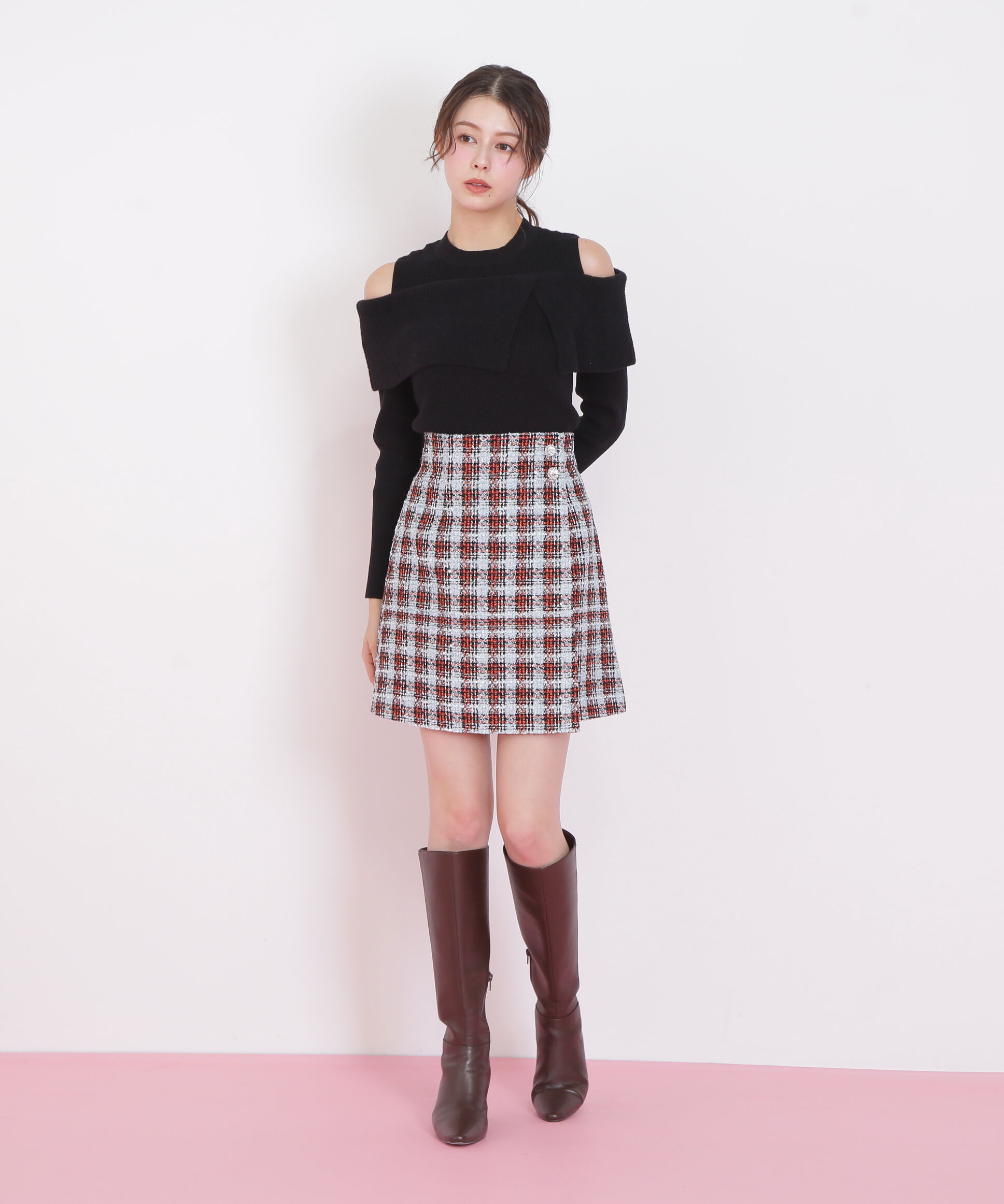  「ツィードチェックビジュー釦ミニスカート」|スカート|