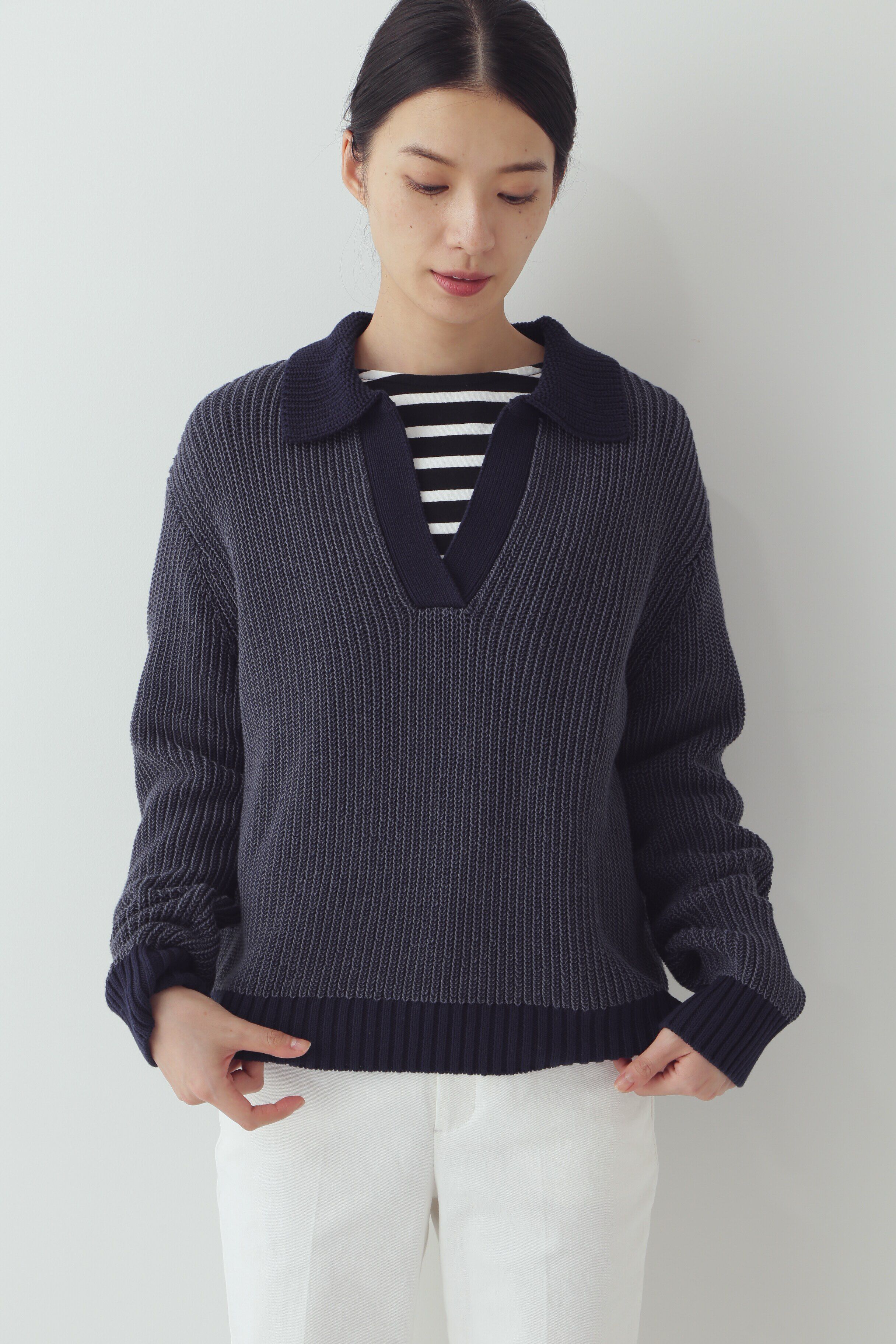  「◆バイカラー衿付きニット」|ニット・セーター|ネイビー