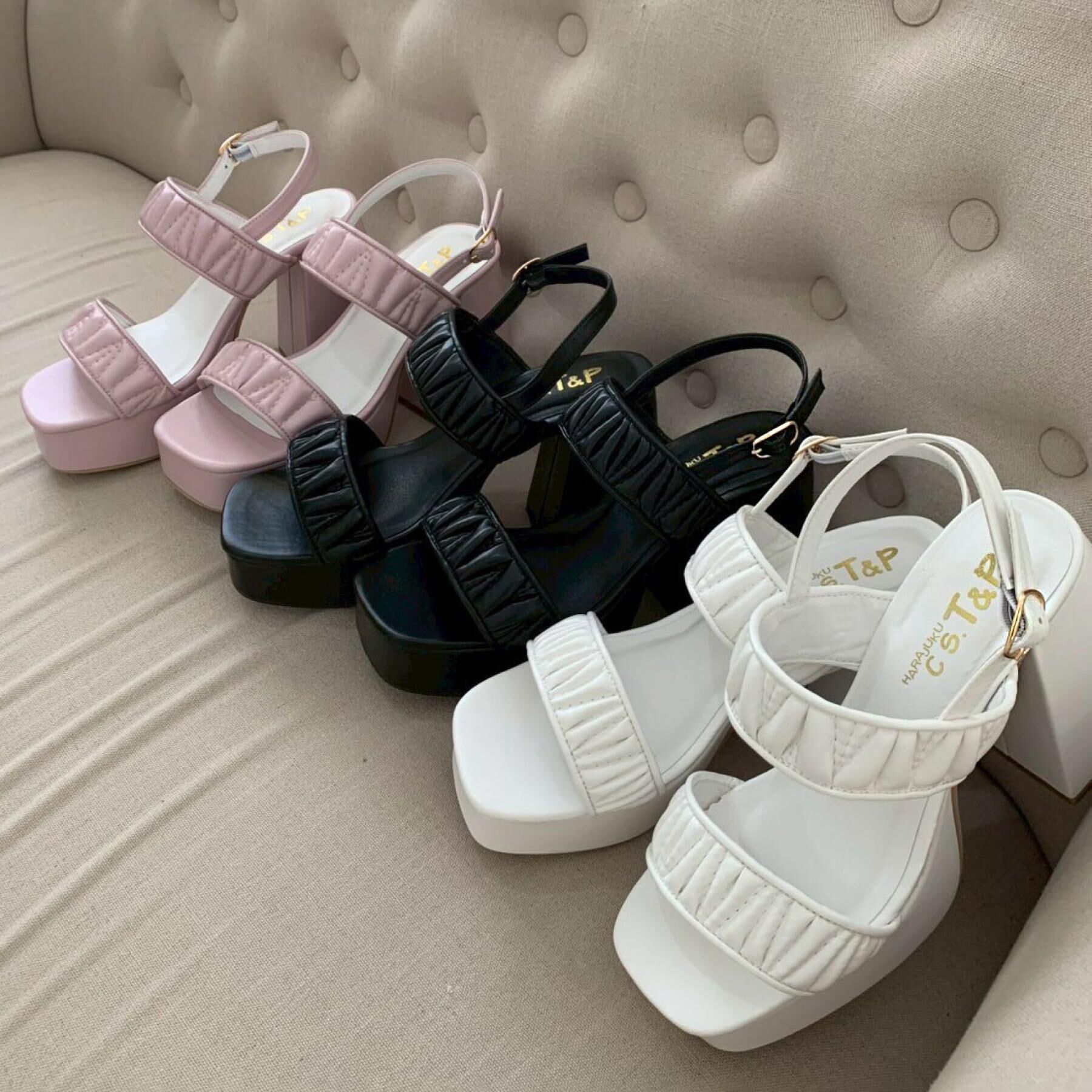 csT&P「ギャザーダブルベルト チャンキーヒールサンダル」|サンダル|