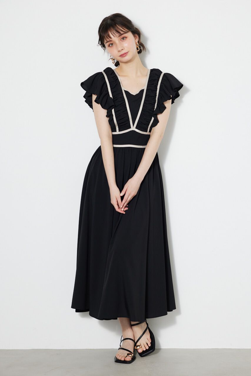 rienda「トリミングテープギャザーフレアOP」|ワンピース|BLK