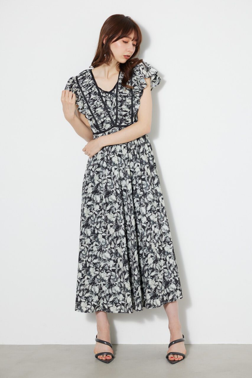 rienda「トリミングテープギャザーフレアOP」|ワンピース|柄BLK5