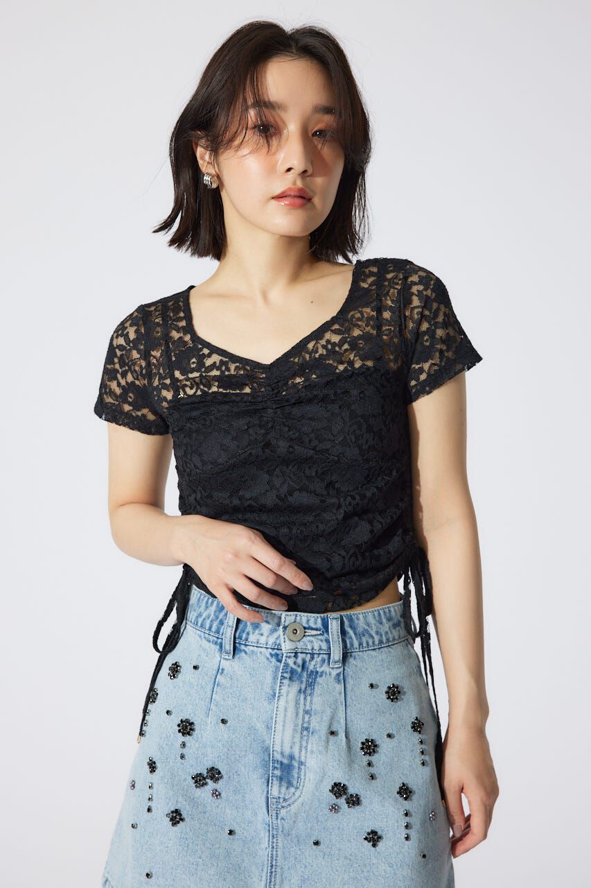 rienda「バストギャザーデザインレースカットトップス」|Tシャツ・カットソー|BLK