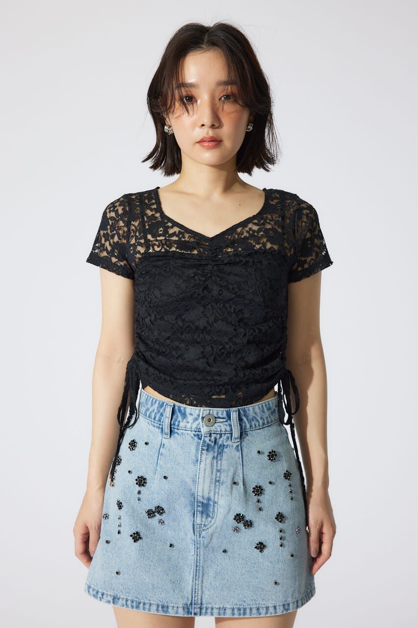 rienda「バストギャザーデザインレースカットトップス」|Tシャツ・カットソー|