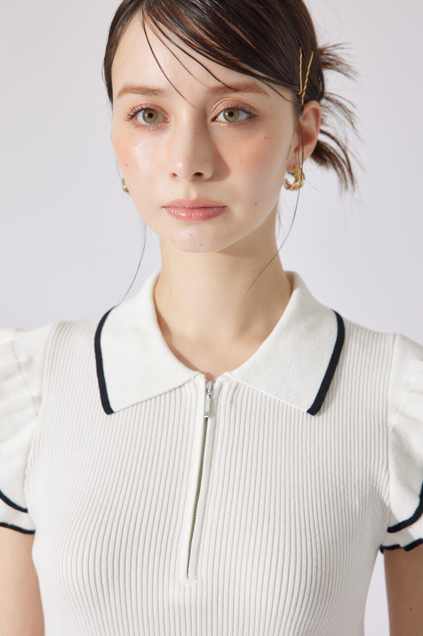 rienda「ハーフジップフリルショルダーニットトップス」|ニット・セーター|