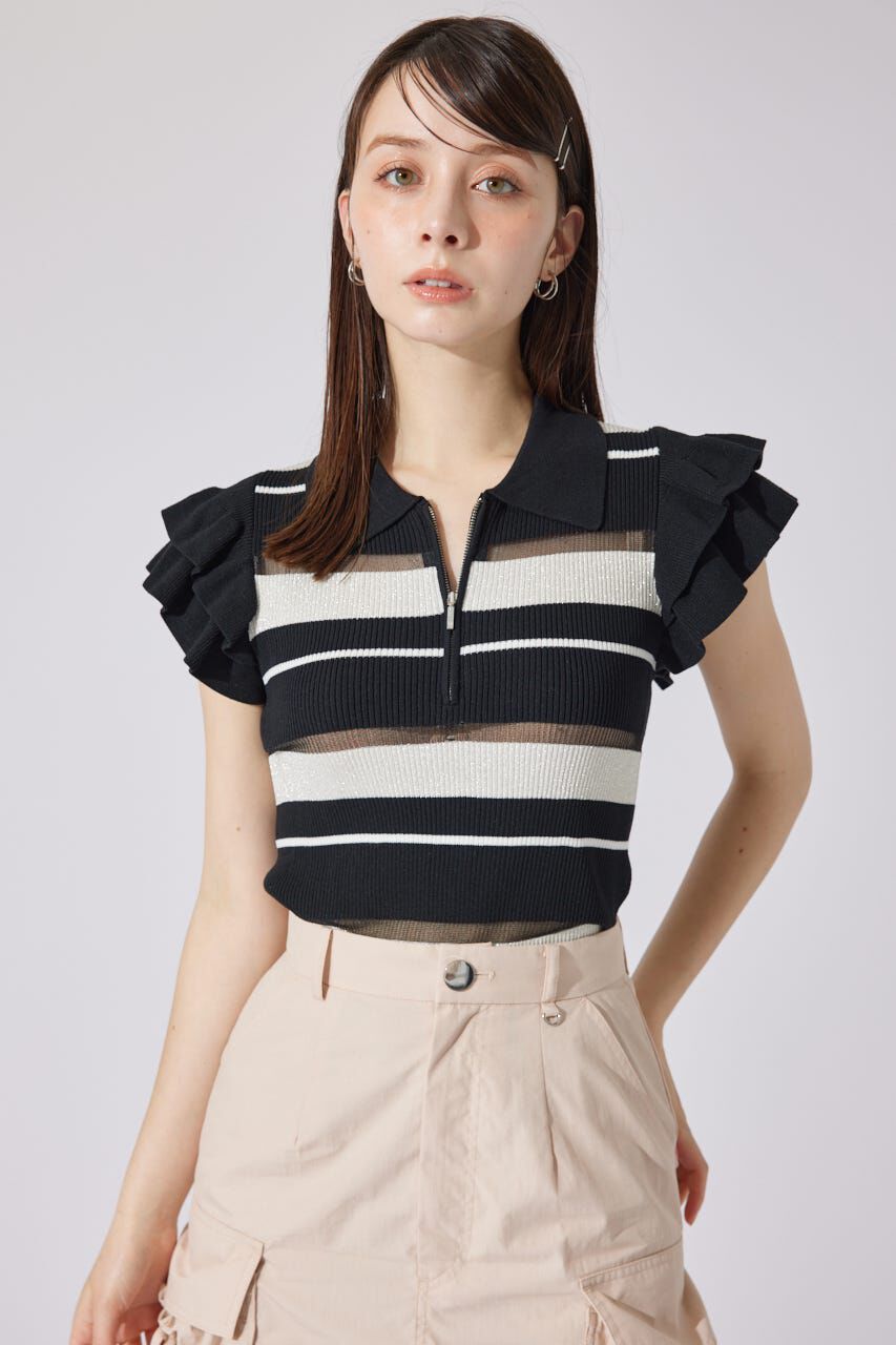 rienda「ハーフジップフリルショルダーニットトップス」|ニット・セーター|柄BLK5