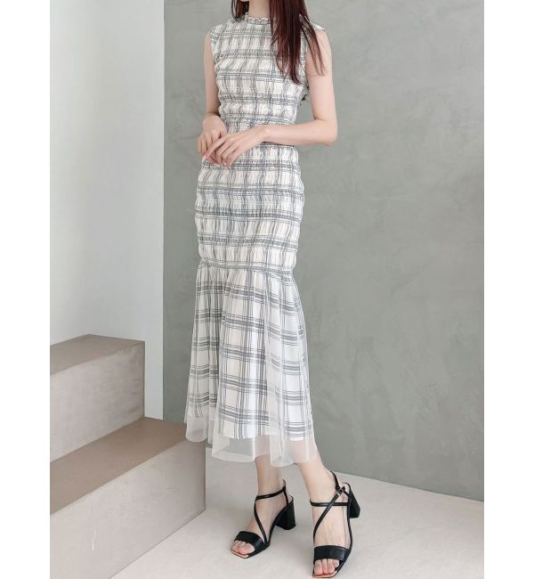 MERCURYDUO「シアーチェックシャーリングマーメイドワンピース」|ワンピース|オフホワイト