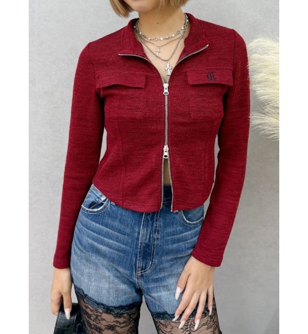 EVRIS「ワンポイントフロントジップポケットリブトップス」|Tシャツ・カットソー|レッド