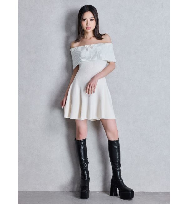 GYDA「ラメオフショルリボンハーフスリーブニットワンピース」|ワンピース|