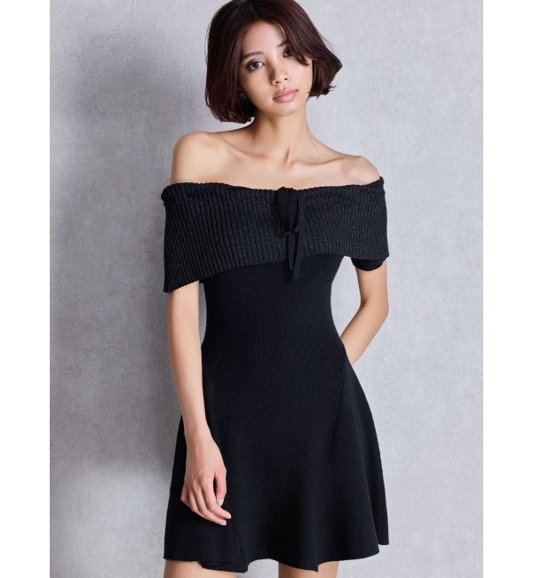 GYDA「ラメオフショルリボンハーフスリーブニットワンピース」|ワンピース|ブラック