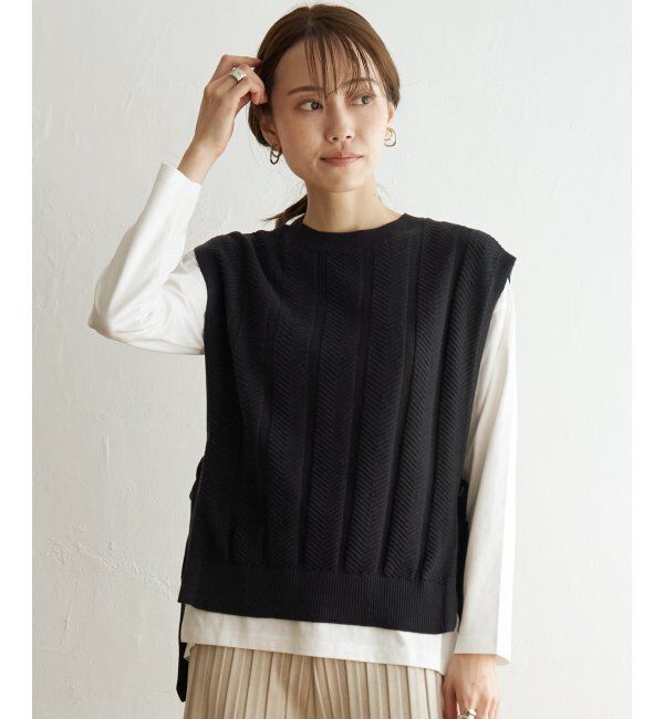 ikka「サイドリボンニットベスト」|ニット・セーター|ネイビー