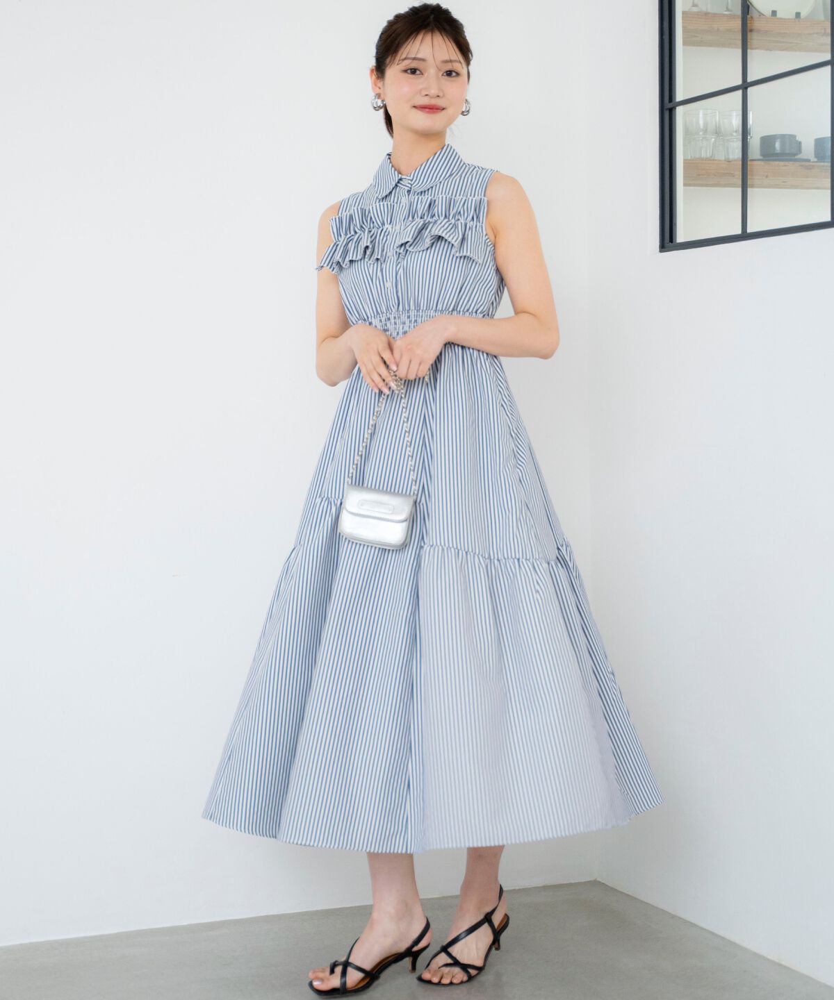 アンドクチュール「ヨークフリルストライプシャツワンピース」|ワンピース|