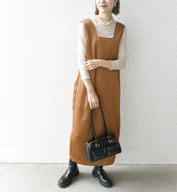 SHIPS any「SHIPS any:〈手洗い可能〉サテン スクエアネック ロング ワンピース」|ワンピース|キャメル