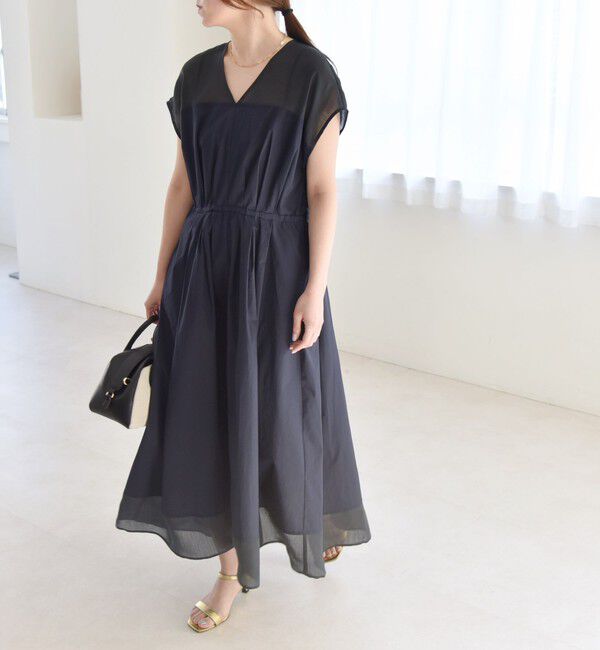 quaranciel「quaranciel :〈洗濯機可能〉シアー ドッキング Vネック フレンチスリーブ ワンピース」|ワンピース|