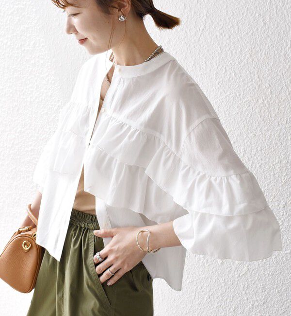 SHIPS any「SHIPS any:〈洗濯機可能〉ボイル フリル バンドカラー シャツ ブラウス 2」|シャツ・ブラウス|ホワイト