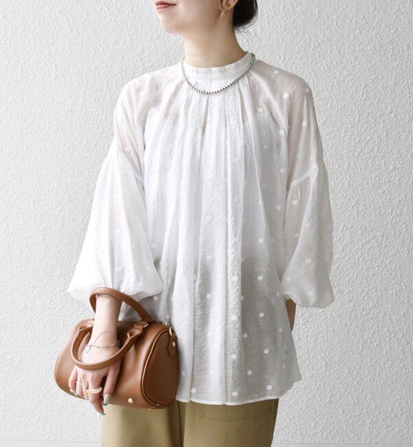 SHIPS any「SHIPS any:〈手洗い可能〉シアー ドット スタンドカラー パフ ギャザー ブラウス」|シャツ・ブラウス|