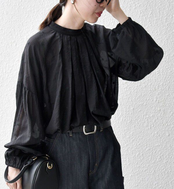 SHIPS any「SHIPS any:〈手洗い可能〉シアー ドット スタンドカラー パフ ギャザー ブラウス」|シャツ・ブラウス|