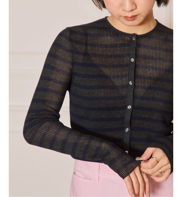 IENA LA BOUCLE「IENA LA BOUCLE 総針針抜きボーダークルーカーディガン」|ニット・セーター|グレーA