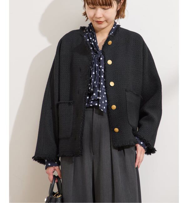 journal standard L'essage「《追加》【金子綾さん着用】GIOLICATWEED ドルマンジャケット」|ノーカラージャケット|ブラック