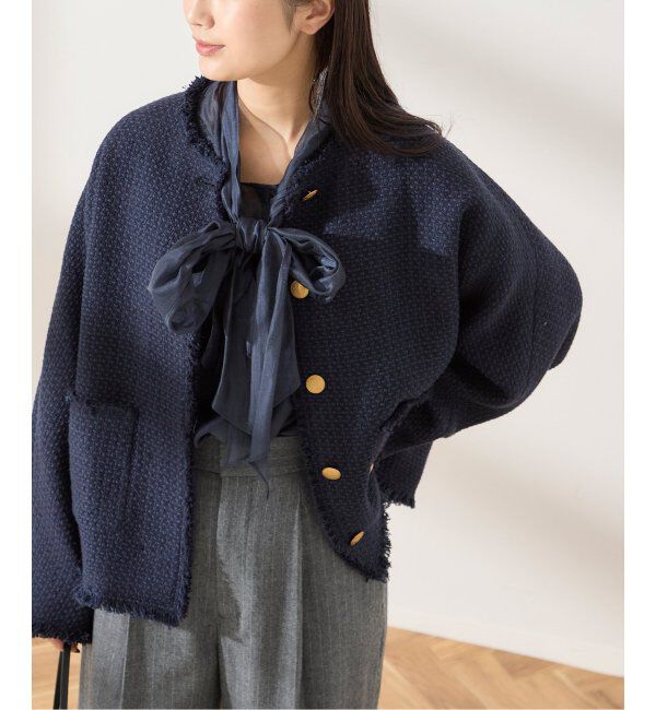 journal standard L'essage「《追加》【金子綾さん着用】GIOLICATWEED ドルマンジャケット」|ノーカラージャケット|ネイビー