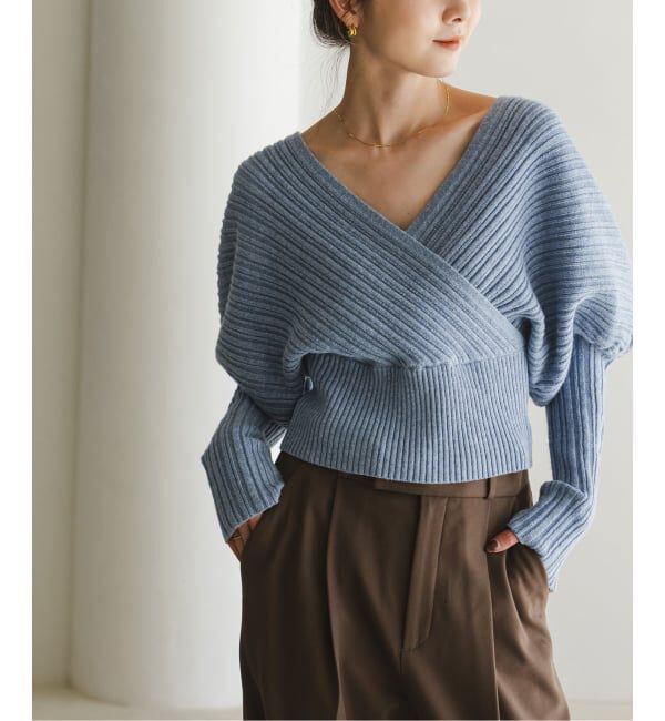 NOBLE「カシュクールランダムリブニットプルオーバー」|ニット・セーター|サックスブルー