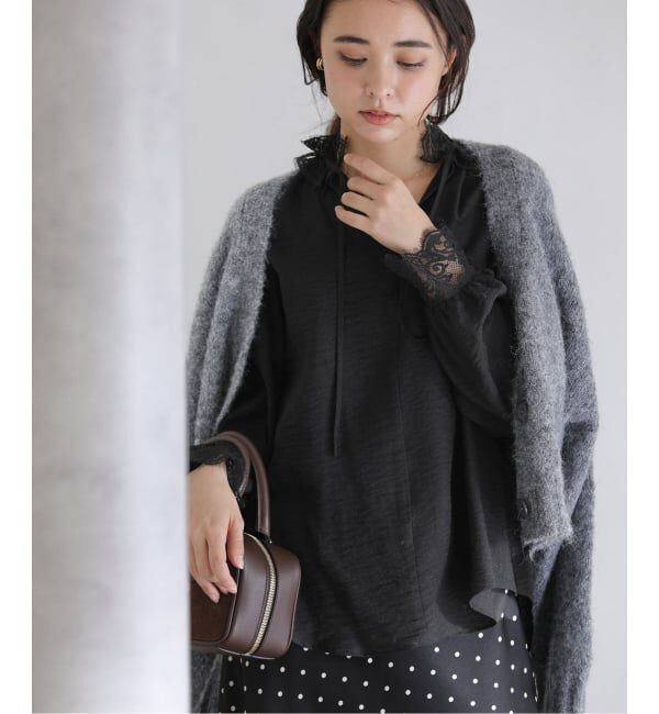  「【洗える】レーススキッパーブラウス」|シャツ・ブラウス|ブラック