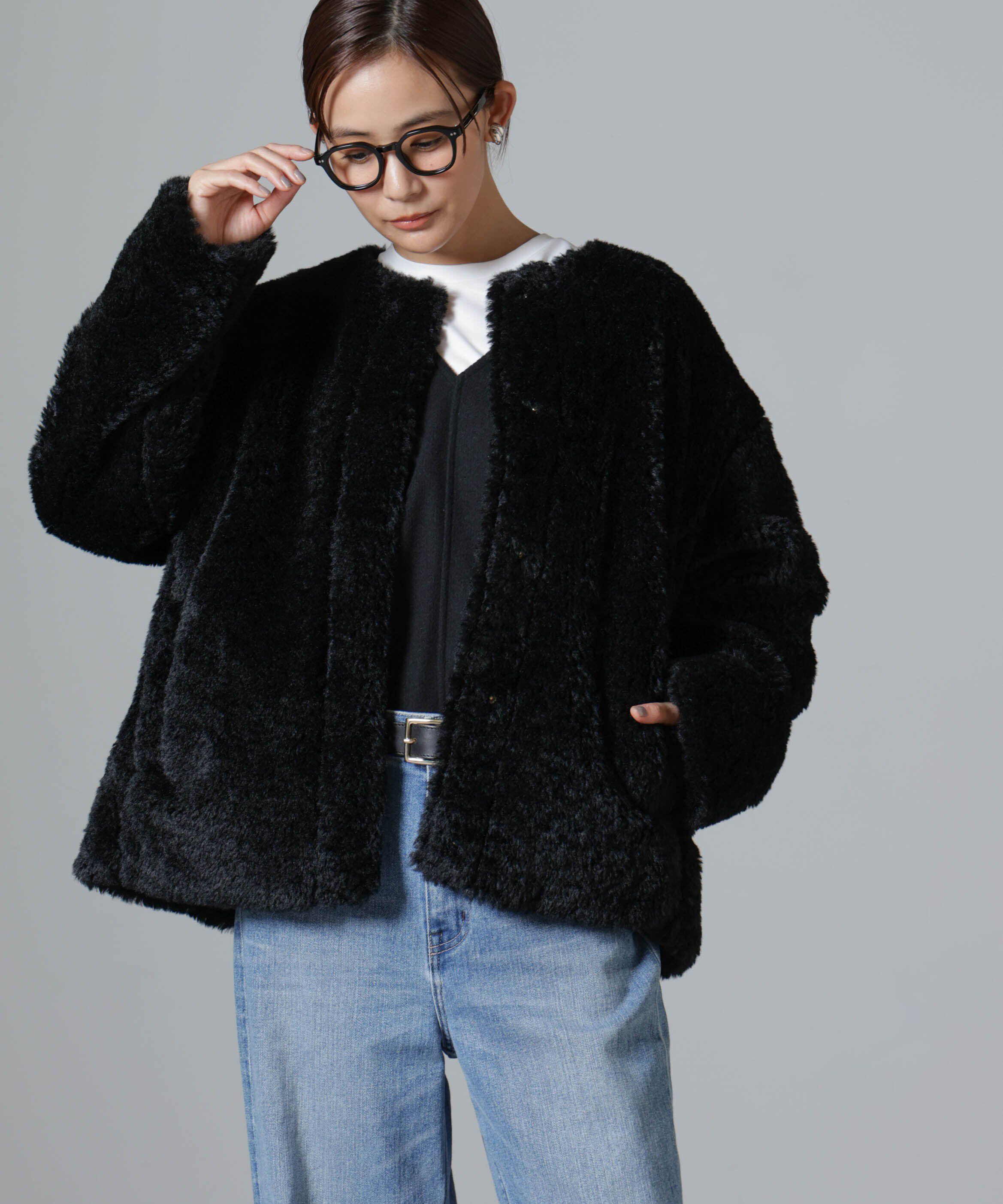 nano･universe「カーリングフェイクファーノーカラーブルゾン」|ブルゾン・スタジャン|ブラック