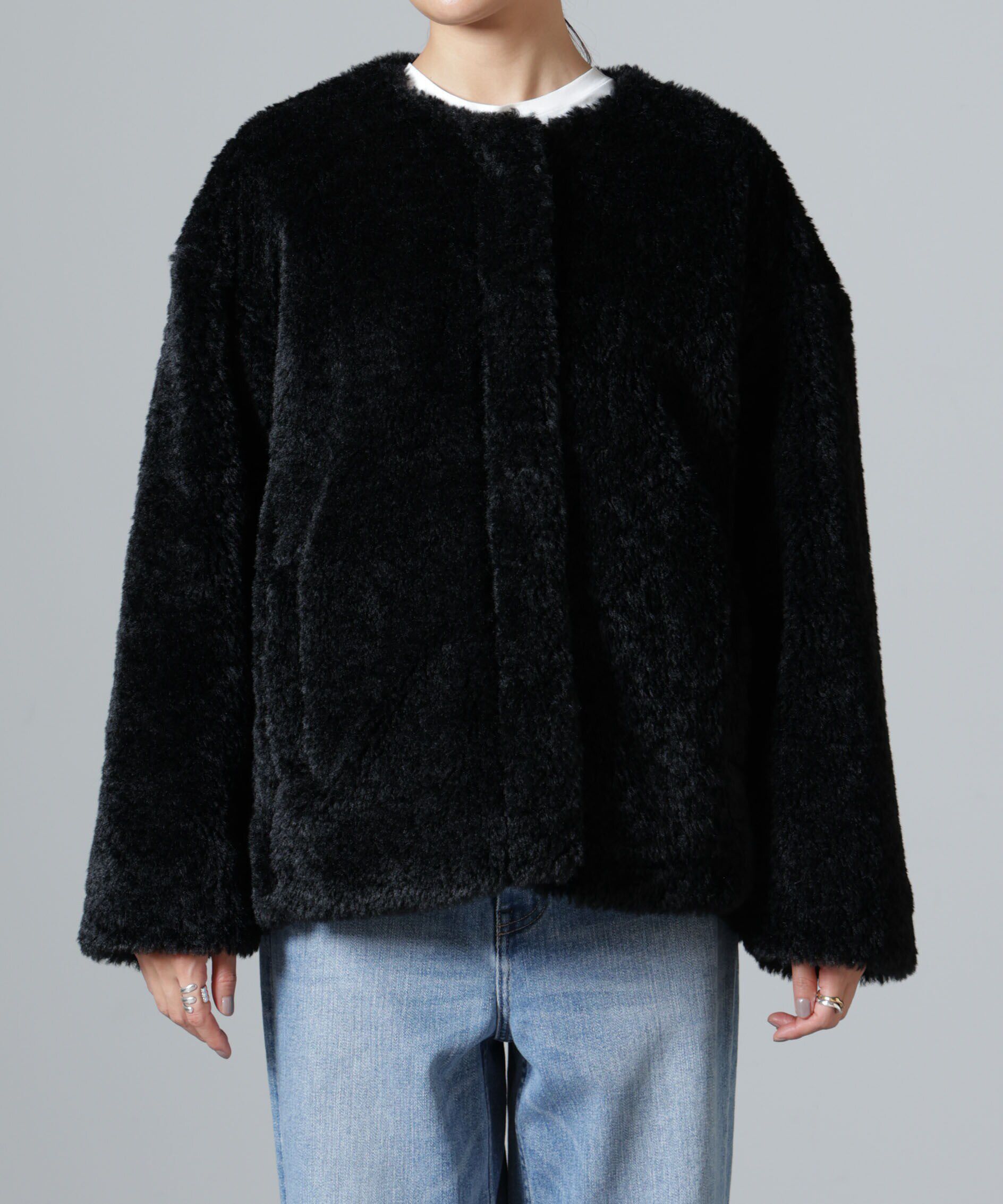 nano･universe「カーリングフェイクファーノーカラーブルゾン」|ブルゾン・スタジャン|