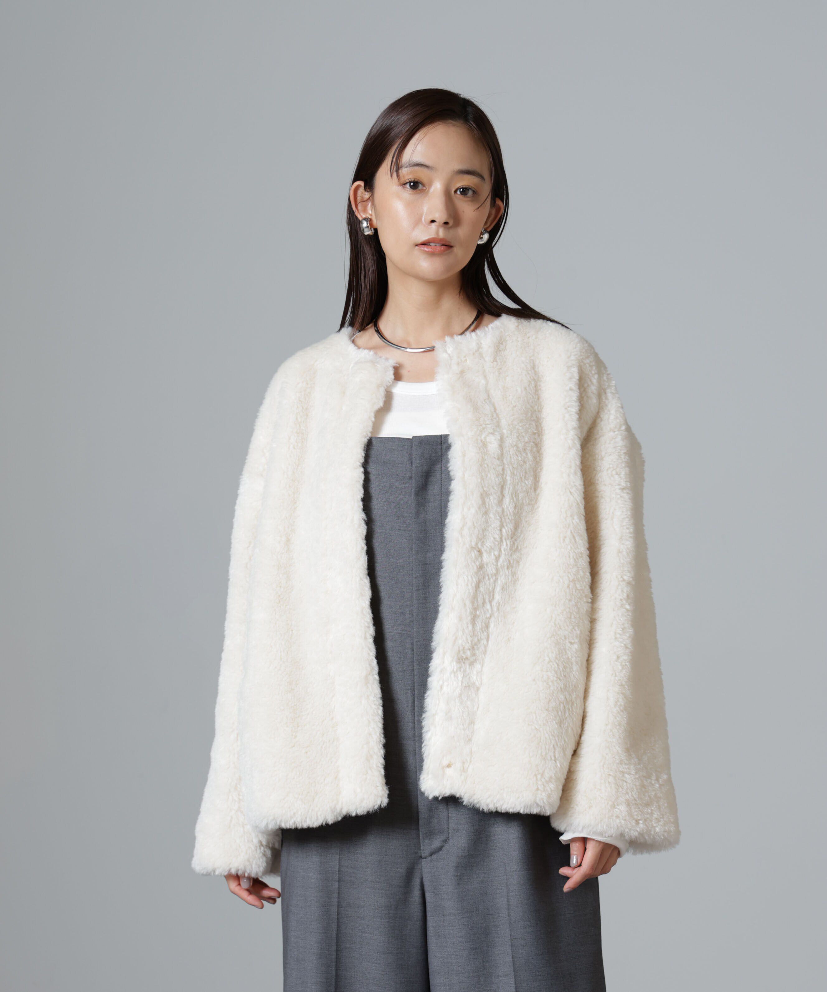 nano･universe「カーリングフェイクファーノーカラーブルゾン」|ブルゾン・スタジャン|アイボリー7