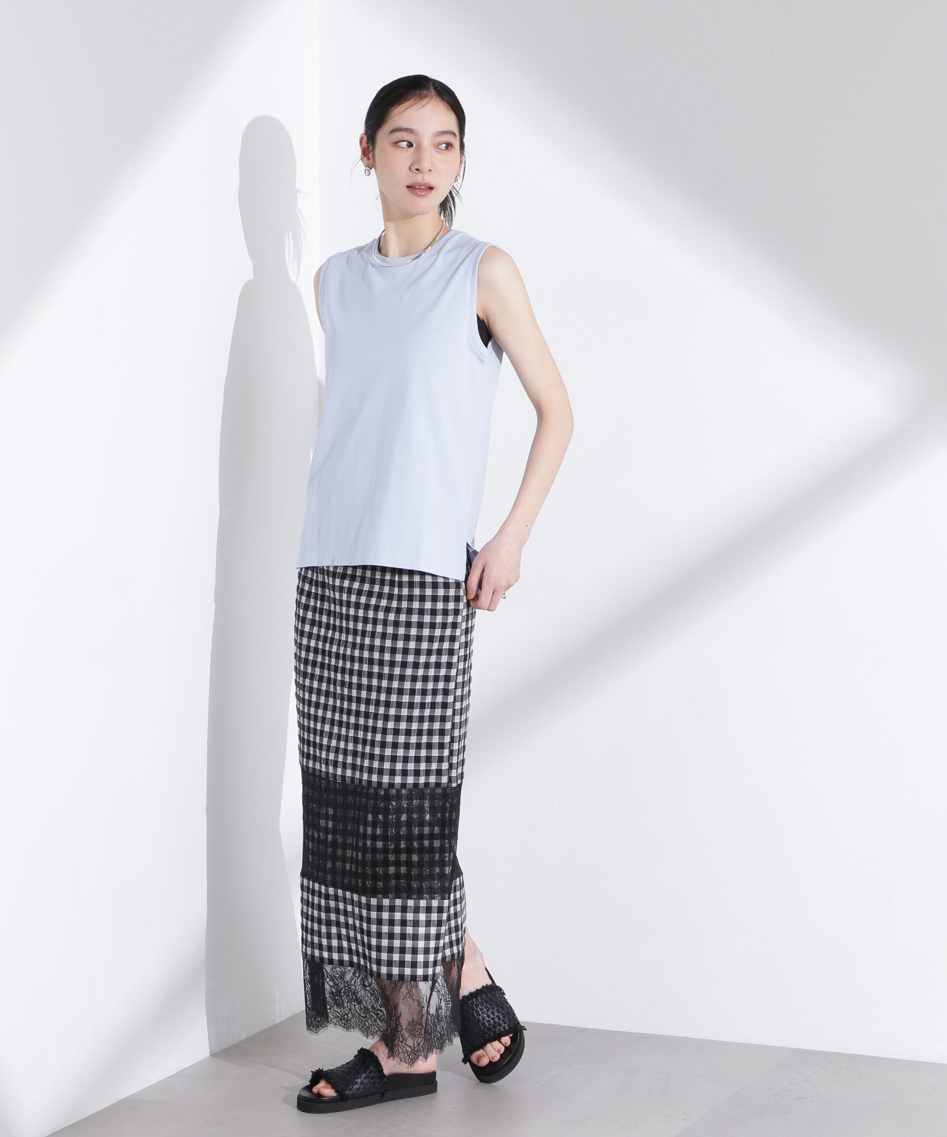 nano･universe「シアーチェックレースボーダーマキシスカート」|スカート|