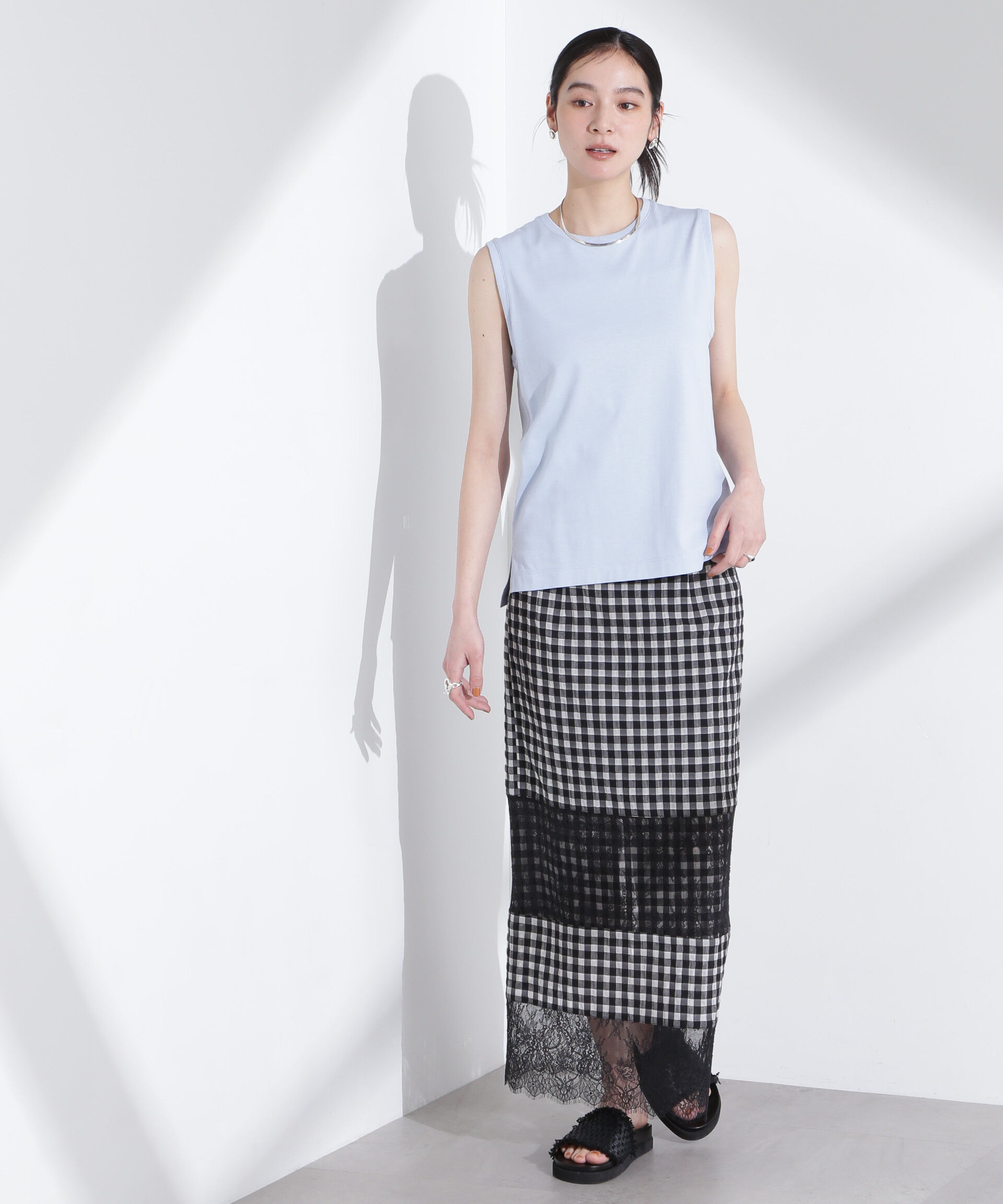 nano･universe「シアーチェックレースボーダーマキシスカート」|スカート|