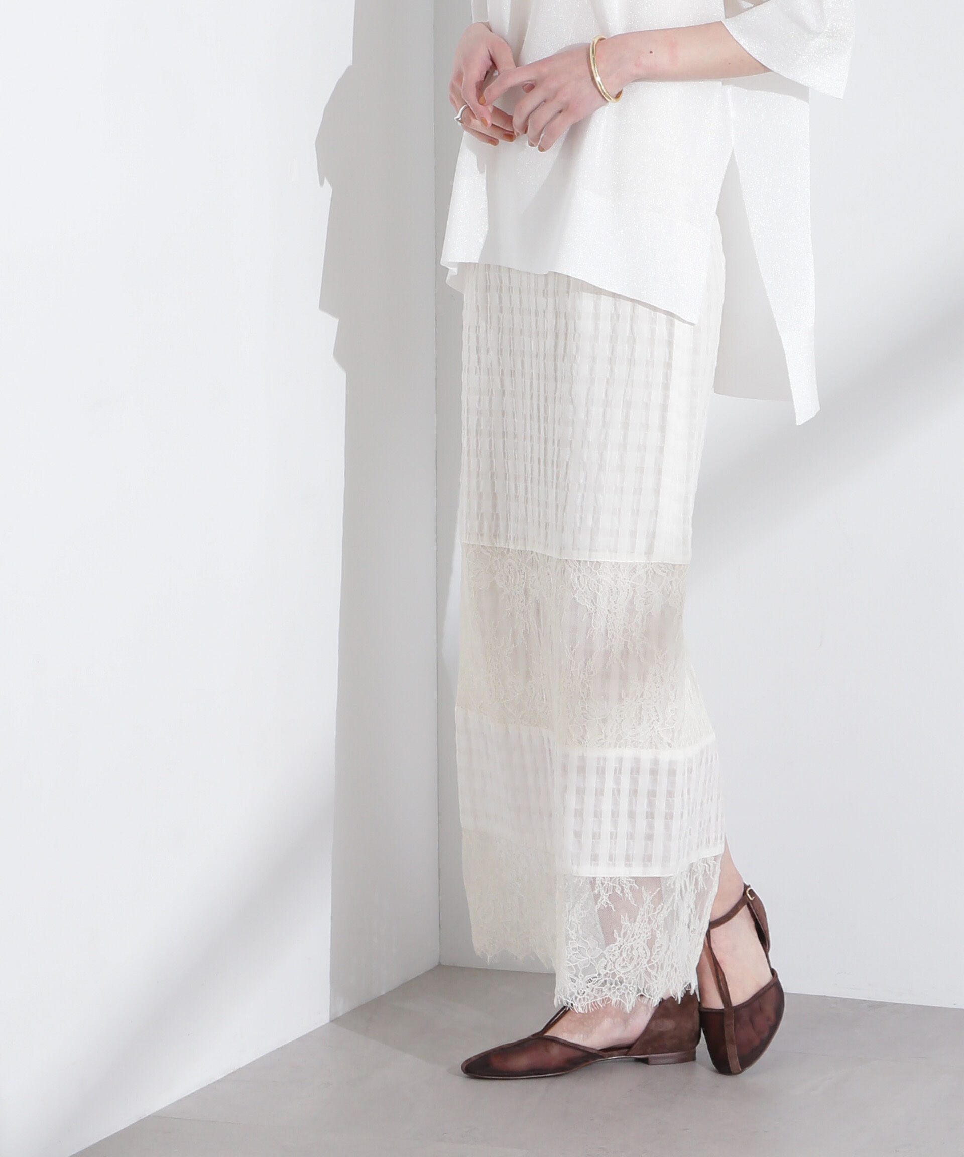 nano･universe「シアーチェックレースボーダーマキシスカート」|スカート|アイボリー7