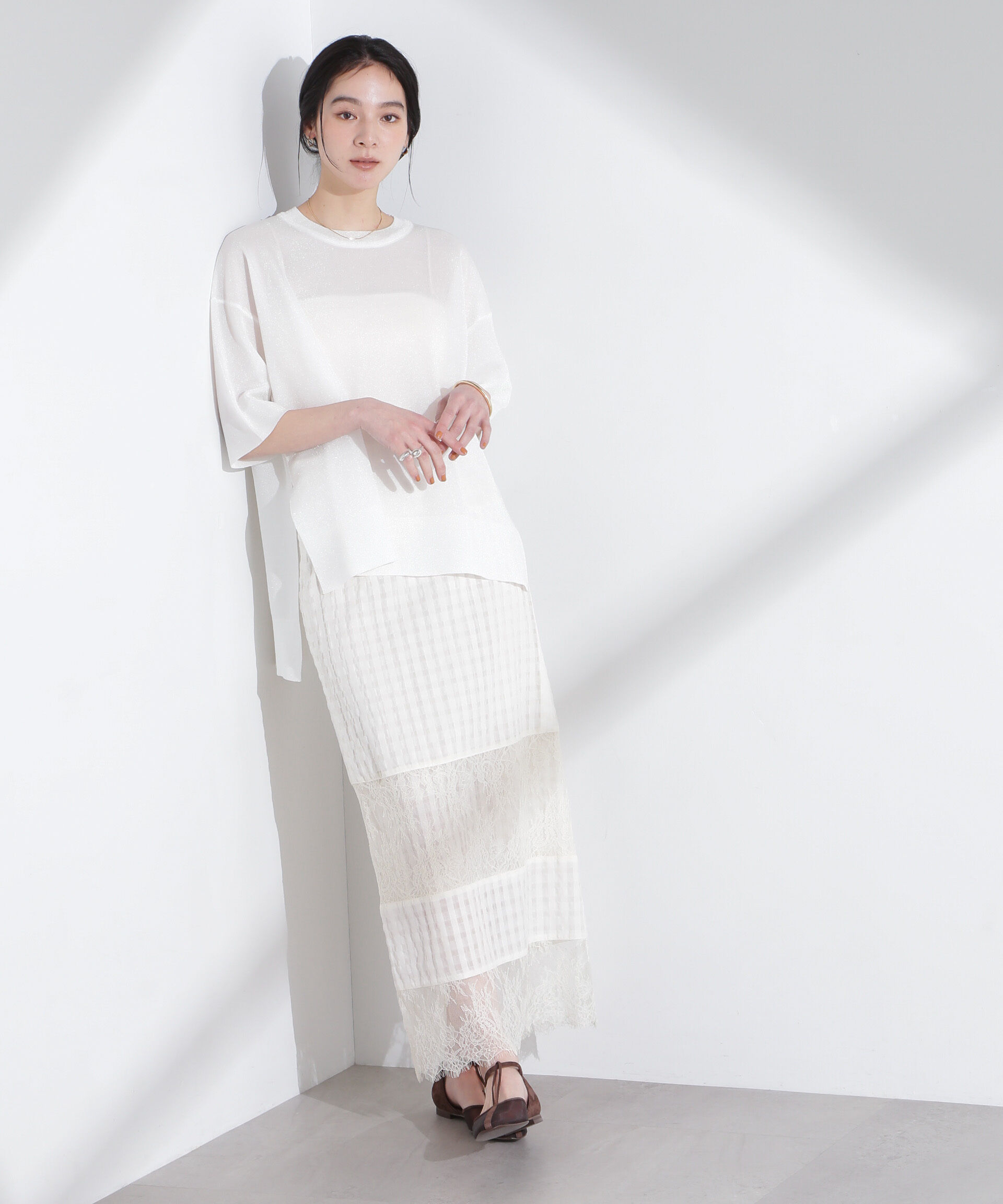 nano･universe「シアーチェックレースボーダーマキシスカート」|スカート|