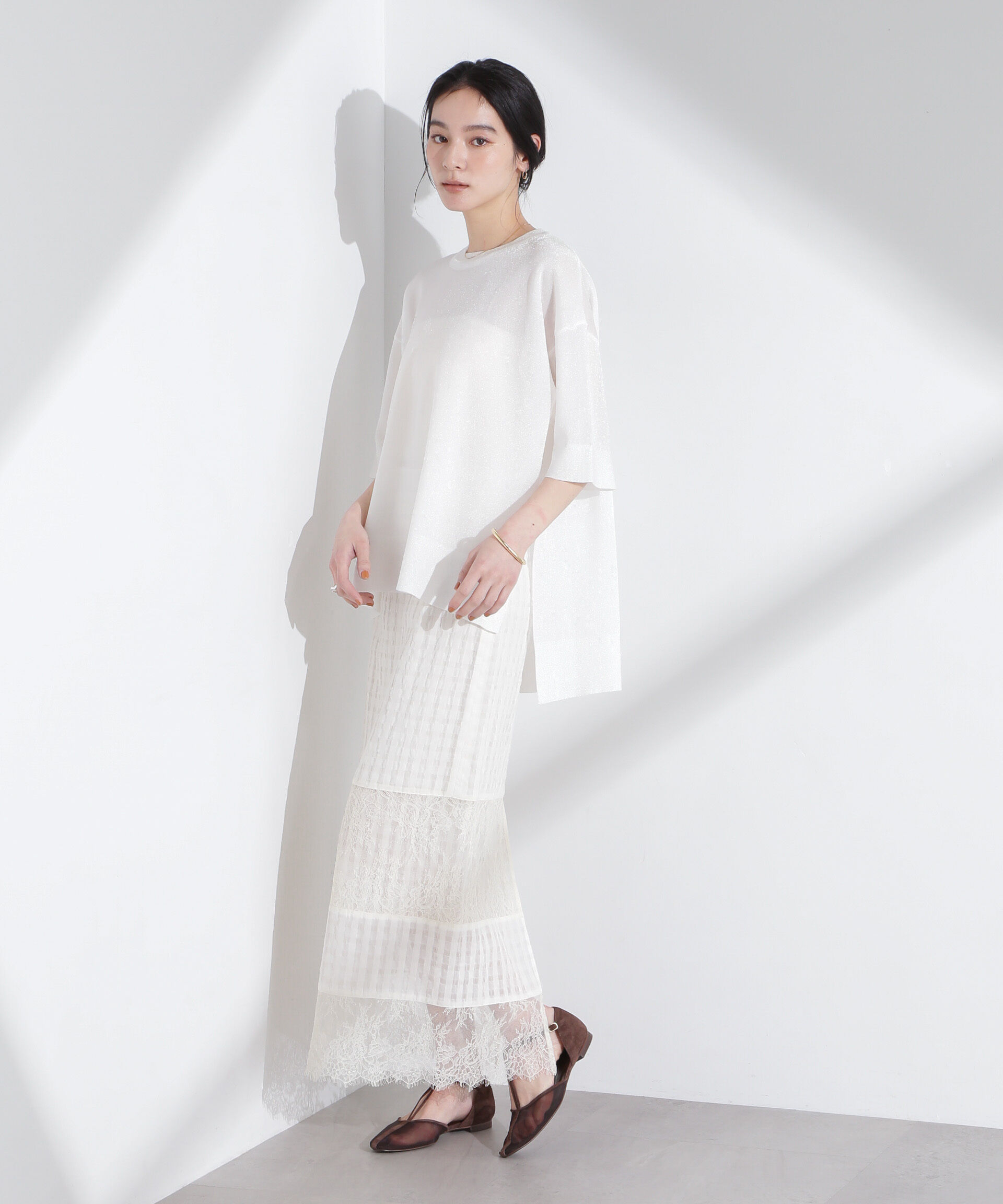 nano･universe「シアーチェックレースボーダーマキシスカート」|スカート|