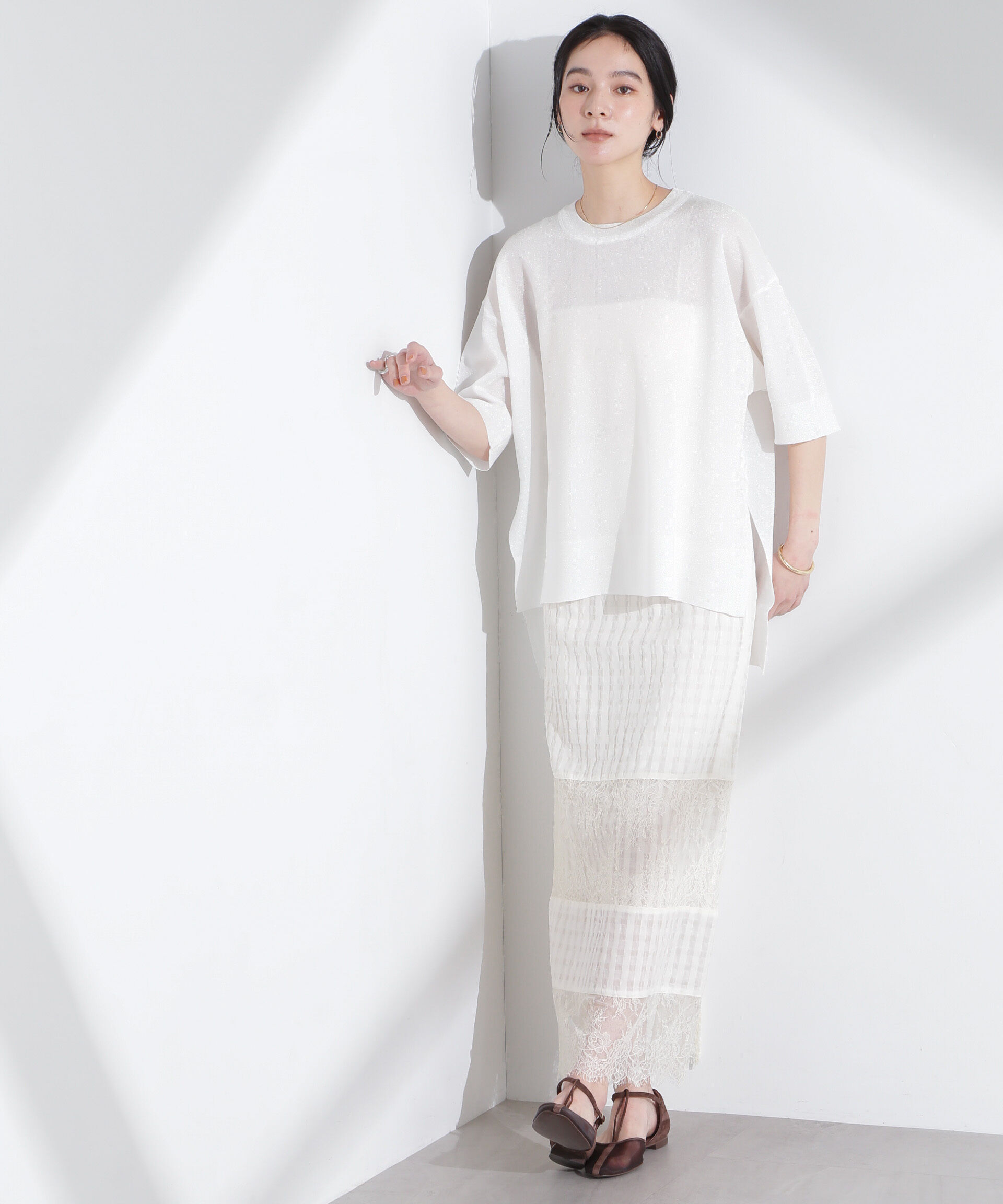 nano･universe「シアーチェックレースボーダーマキシスカート」|スカート|