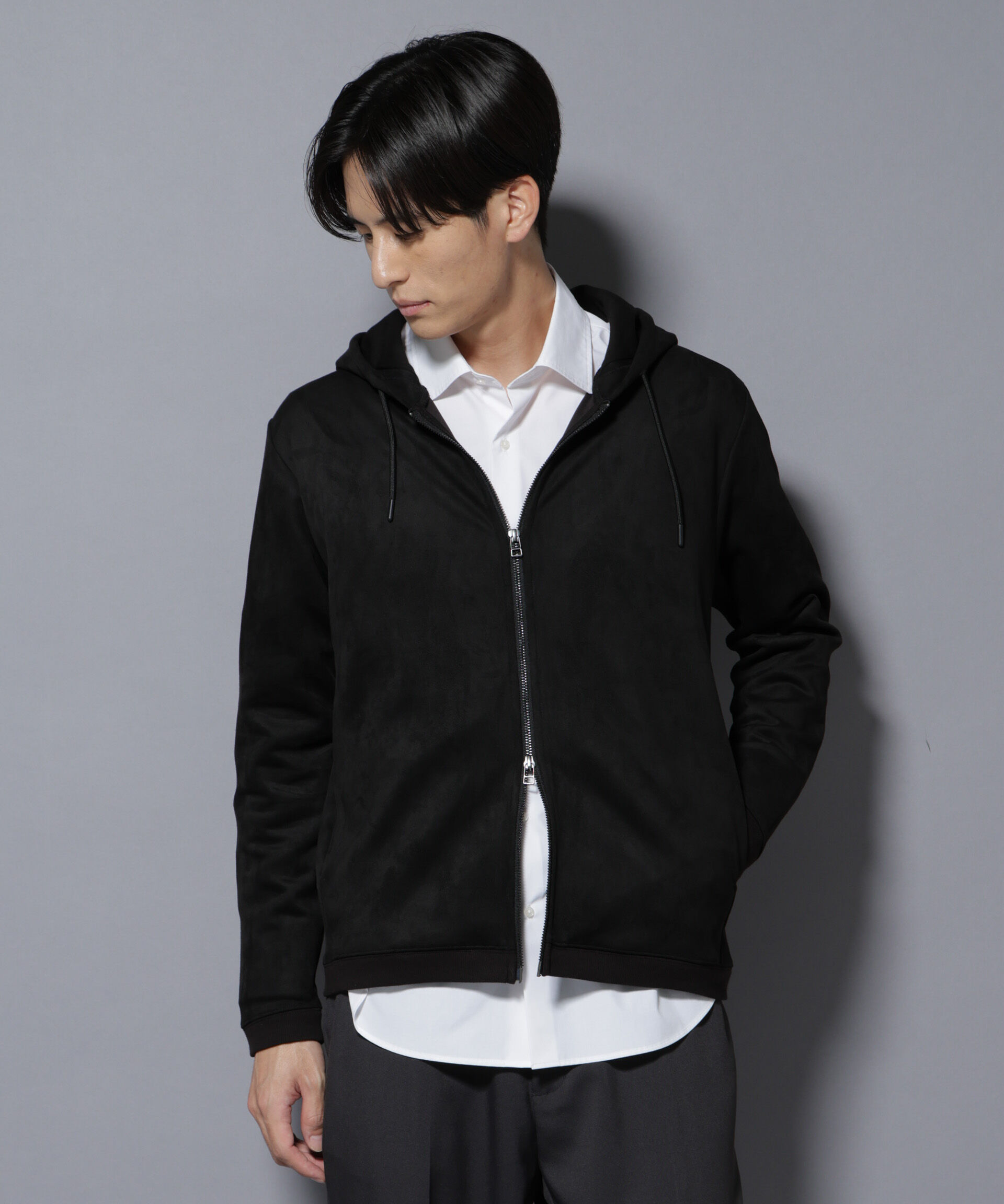 nano･universe「フェイクスエードZIPフーディー 長袖」|Tシャツ・カットソー|ブラック