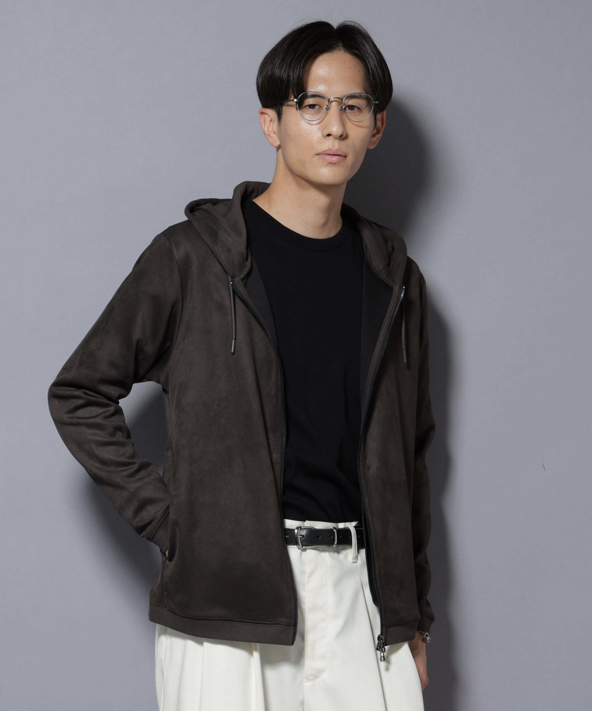 nano･universe「フェイクスエードZIPフーディー 長袖」|Tシャツ・カットソー|チャコール3