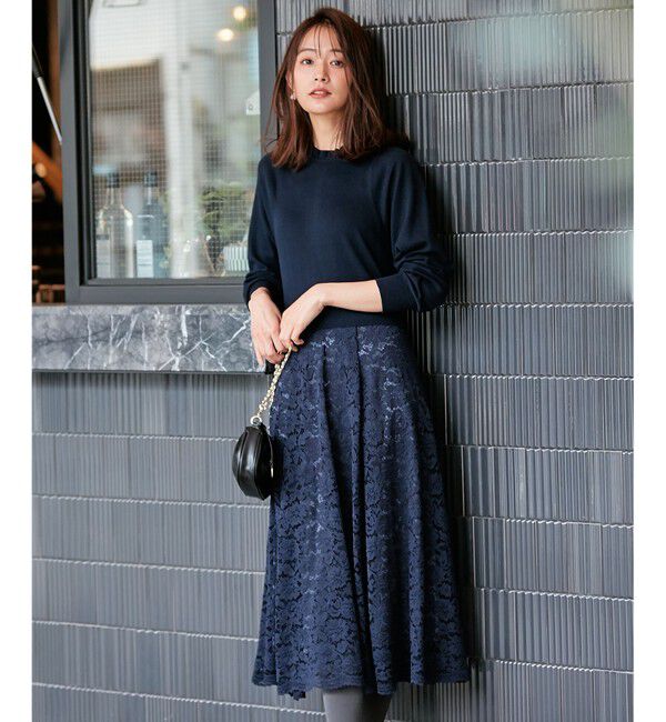 組曲「【セレモニー対応可】レーススカート付きニット ワンピース」|ドレス|ネイビー系