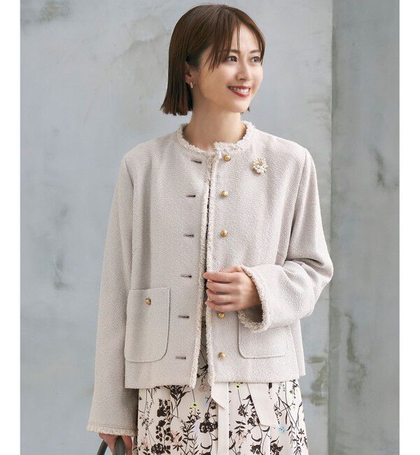自由区「【SHIHOさん着用】ブライトリングツイード ジャケット」|ノーカラージャケット|ライトグレー