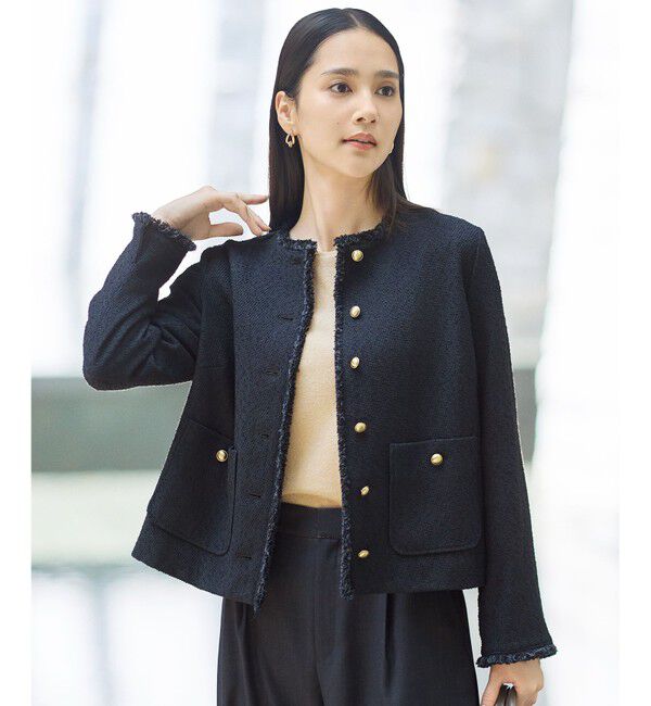 自由区「【SHIHOさん着用】ブライトリングツイード ジャケット」|ノーカラージャケット|ネイビー