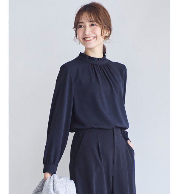 ANY SIS「【洗える】フリルネックスタンド ブラウス」|シャツ・ブラウス|ネイビー